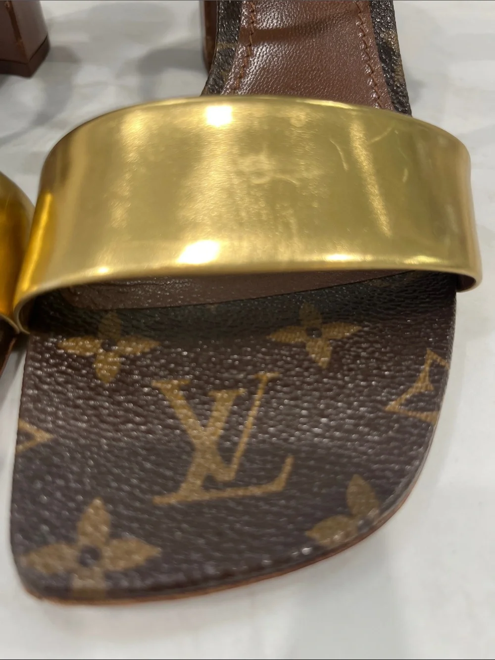 Louis Vuitton Brown & Gold Monogram Block Heel Sandals